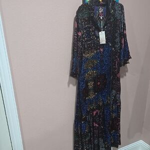 JOHNNY WAS Blue and Purple Long Sleeve Bell Dress with Mock Neck